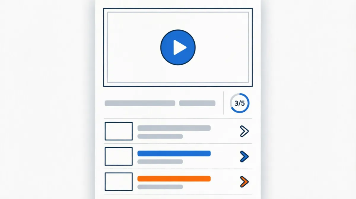 Tela de curso num LMS com player de vídeo e progresso de aulas concluídas